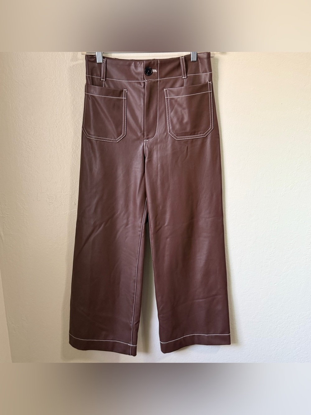 Anthropologie Maeve Colette Faux Leather Crop Wide‎ Leg Pants Brown Stitch 27 - Picture 2 of 9